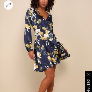 Lulus Love is Life Navy Blue Floral Satin Wrap Dress
